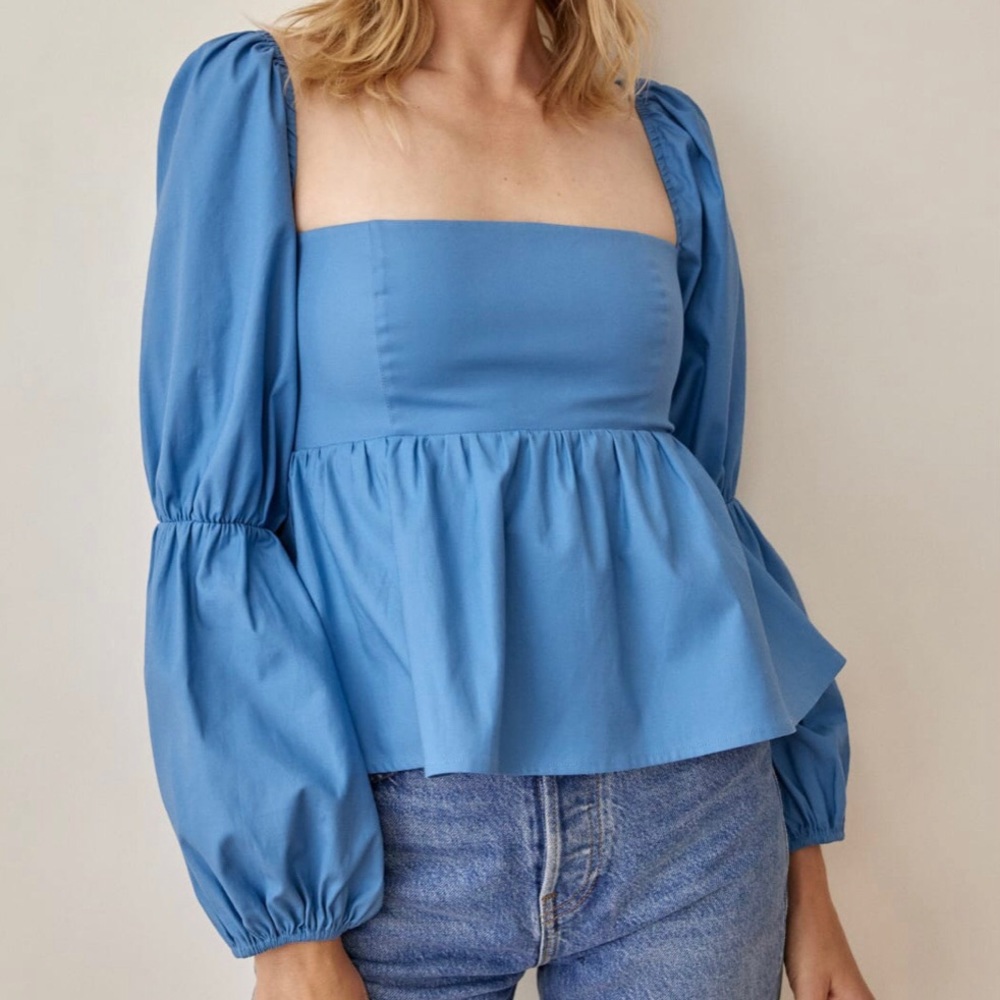 Reformation Top Jaxley Puff Sleeves Azure Blue Size 12